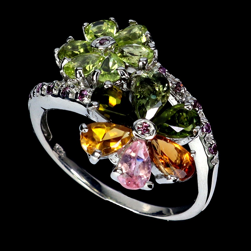 925 Sterling Silver Ring Pear Tourmaline Rhodolite Topaz Gemstone Jewelry Size 7
