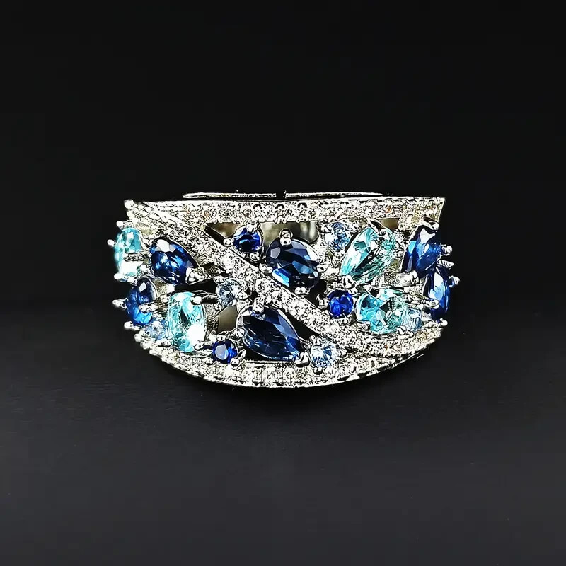Elegant 925 Sterling Silver Blue White Topaz Wedding Engagement Ring Size 10