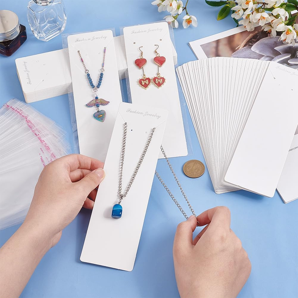 100Pcs Long Necklace Display Cards with 100Pcs Clear Self Adhesive Bags, 8X2.3 I