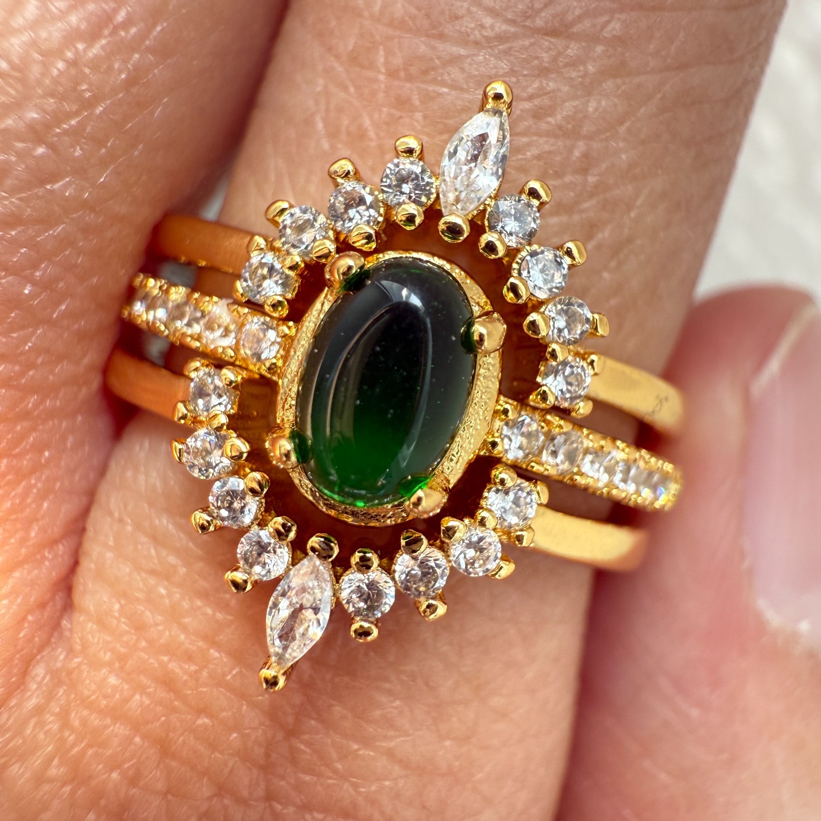 925 Sterling Silver Ring 3in1 6x4mm Green Natural Emerald Gemstone Zircon Flower