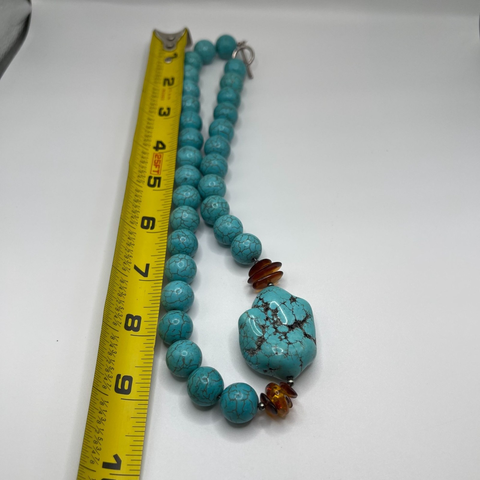 Turquoise Beaded Necklace Amber Accents & Toggle Clasp