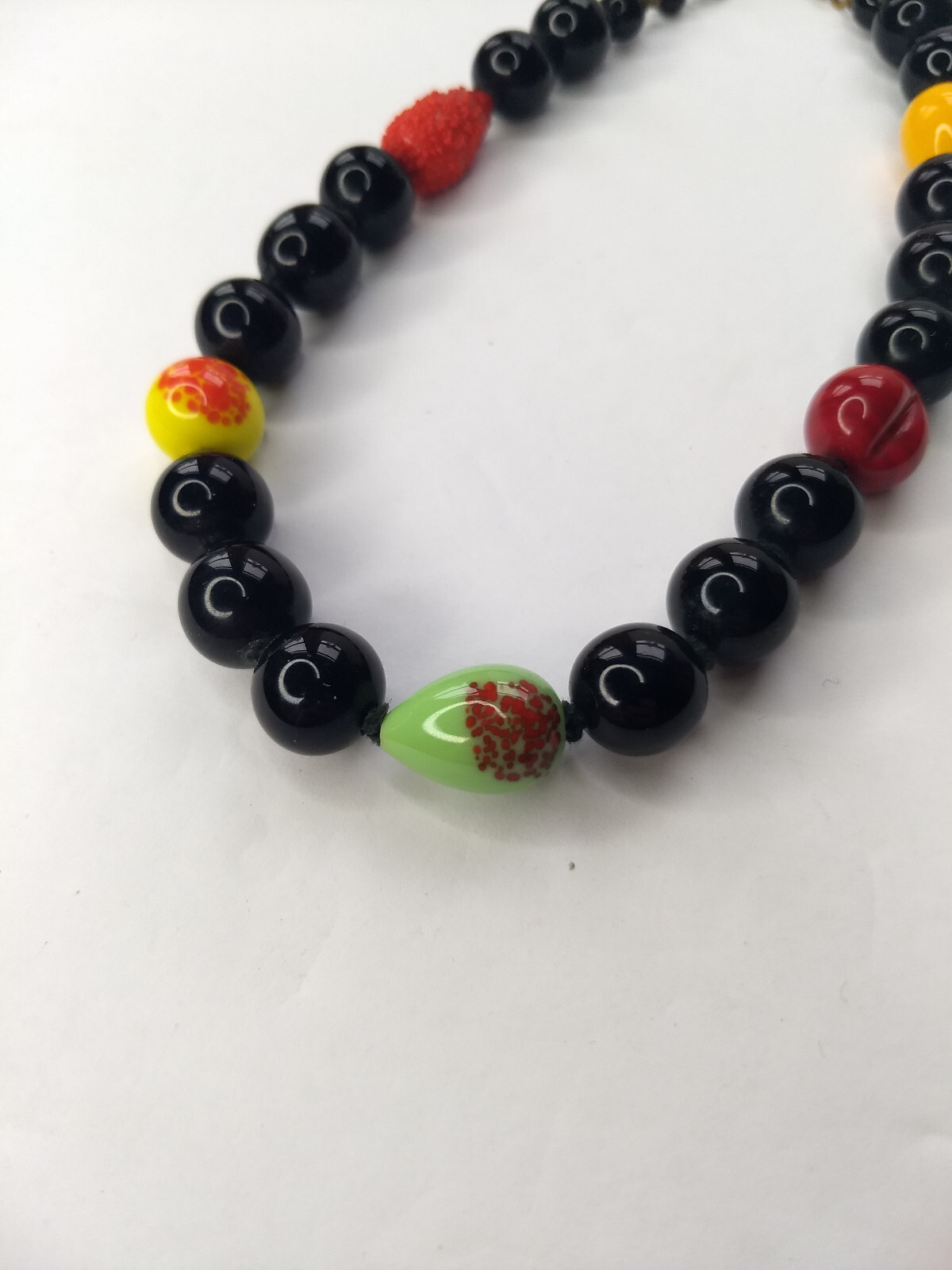 Black Yellow Red Glass Bead Necklace Art to Wear Statement Adjustable length