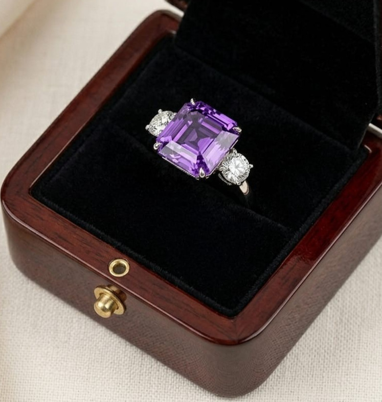 10.80 Ct Certified Asscher Purple Natural Diamond Ring VVS1 White Gold Finish