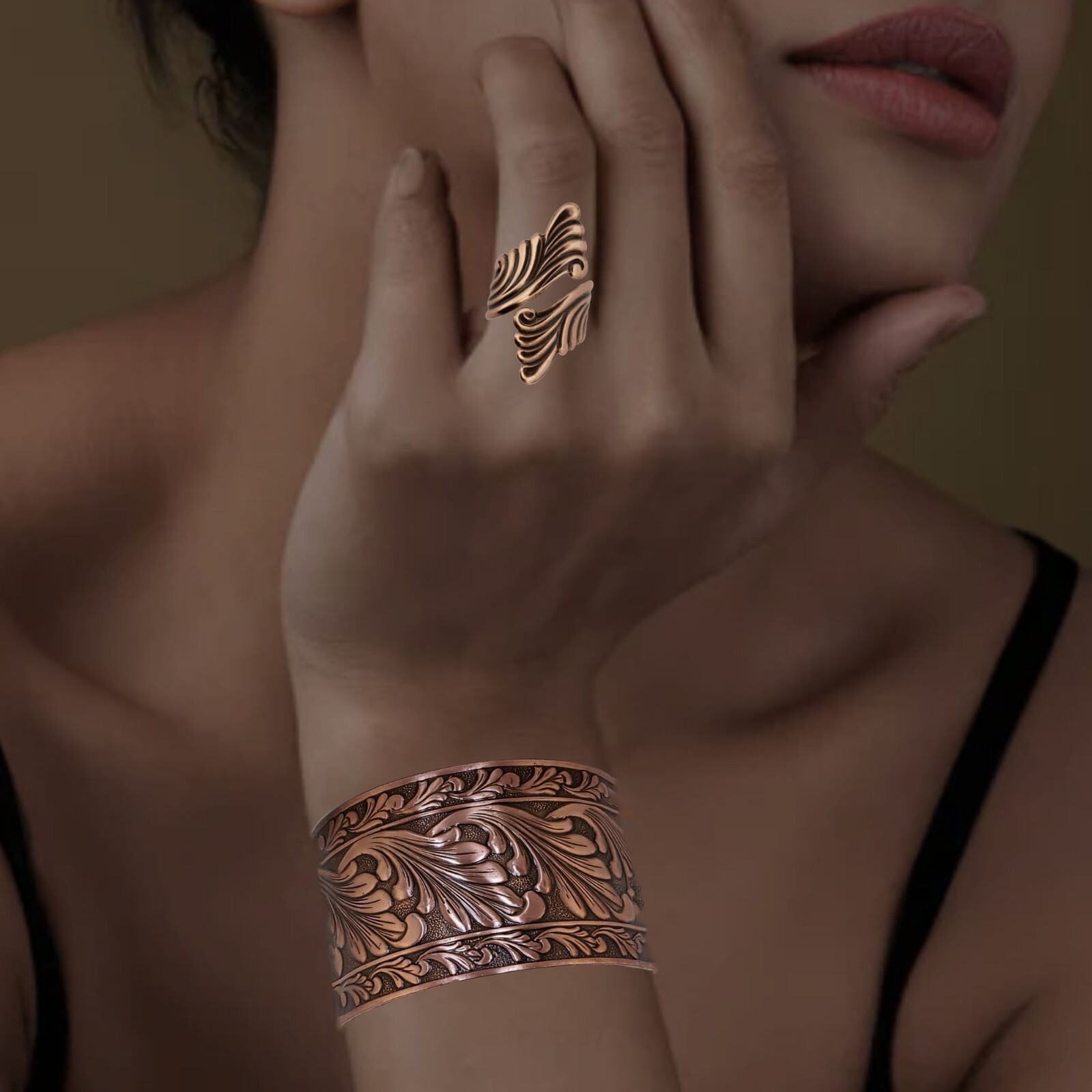 Solid Copper Adjustable Cuff Bracelet with Embossed Floral Design Antique Finish
