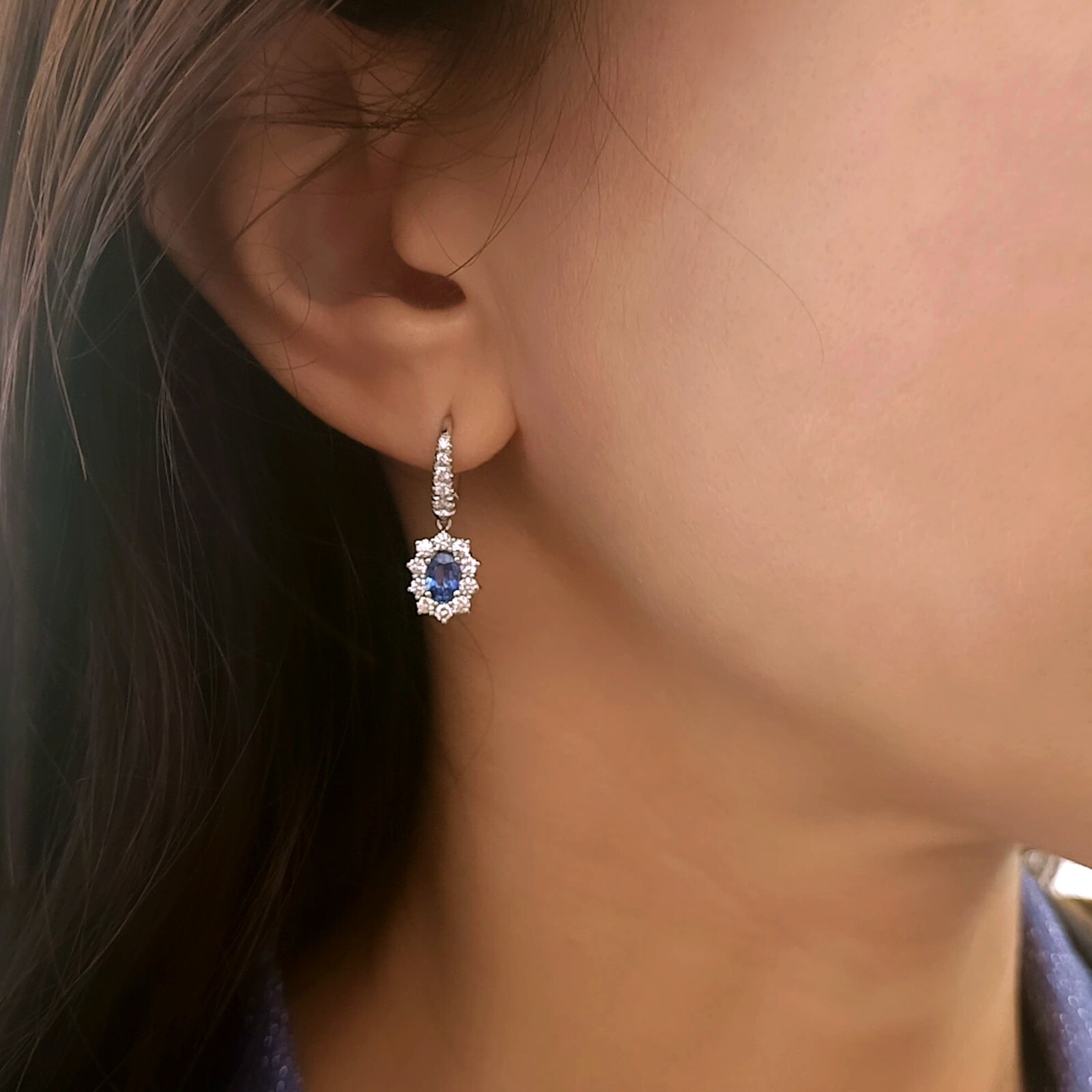 18kt White Gold Diamond Oval Blue Sapphire Nun Earrings
