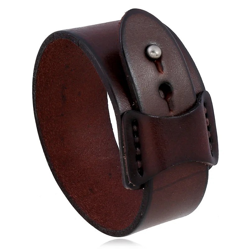 VOQ Punk Geometric Design Black with Brown Genuine Leather Wristband Cuff.