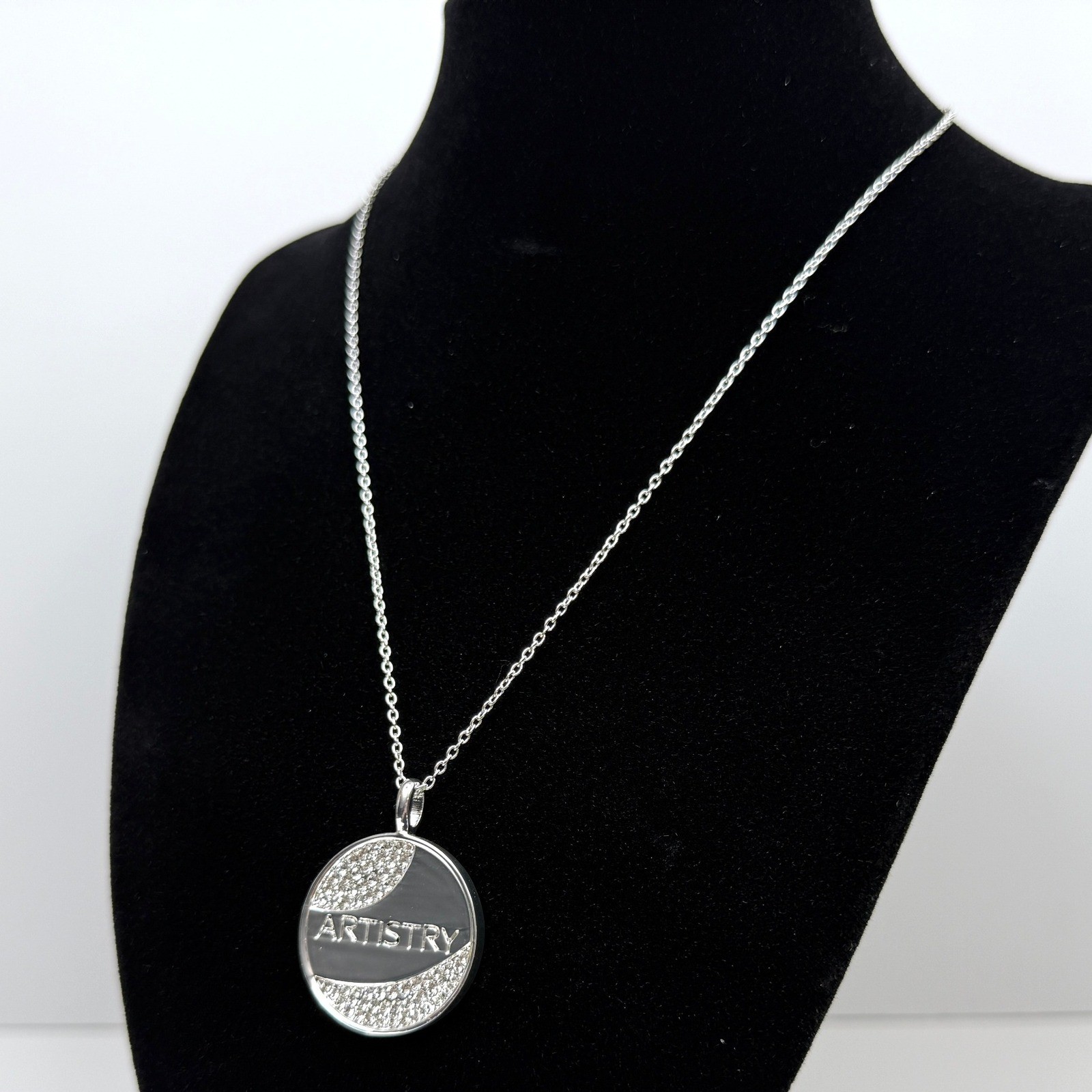 Artistry 925 Sterling Silver Pendant Necklace Pave Rhinestone Jewelry 9.5 in L