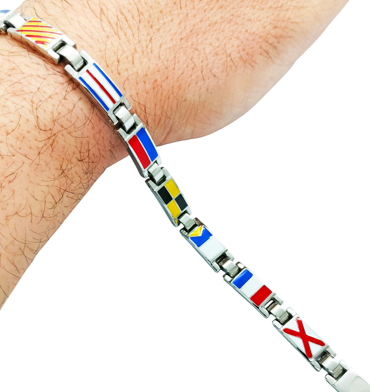 Men Steel Bracelet Nautical Flags Enamel Multicolor Adjustable Clip