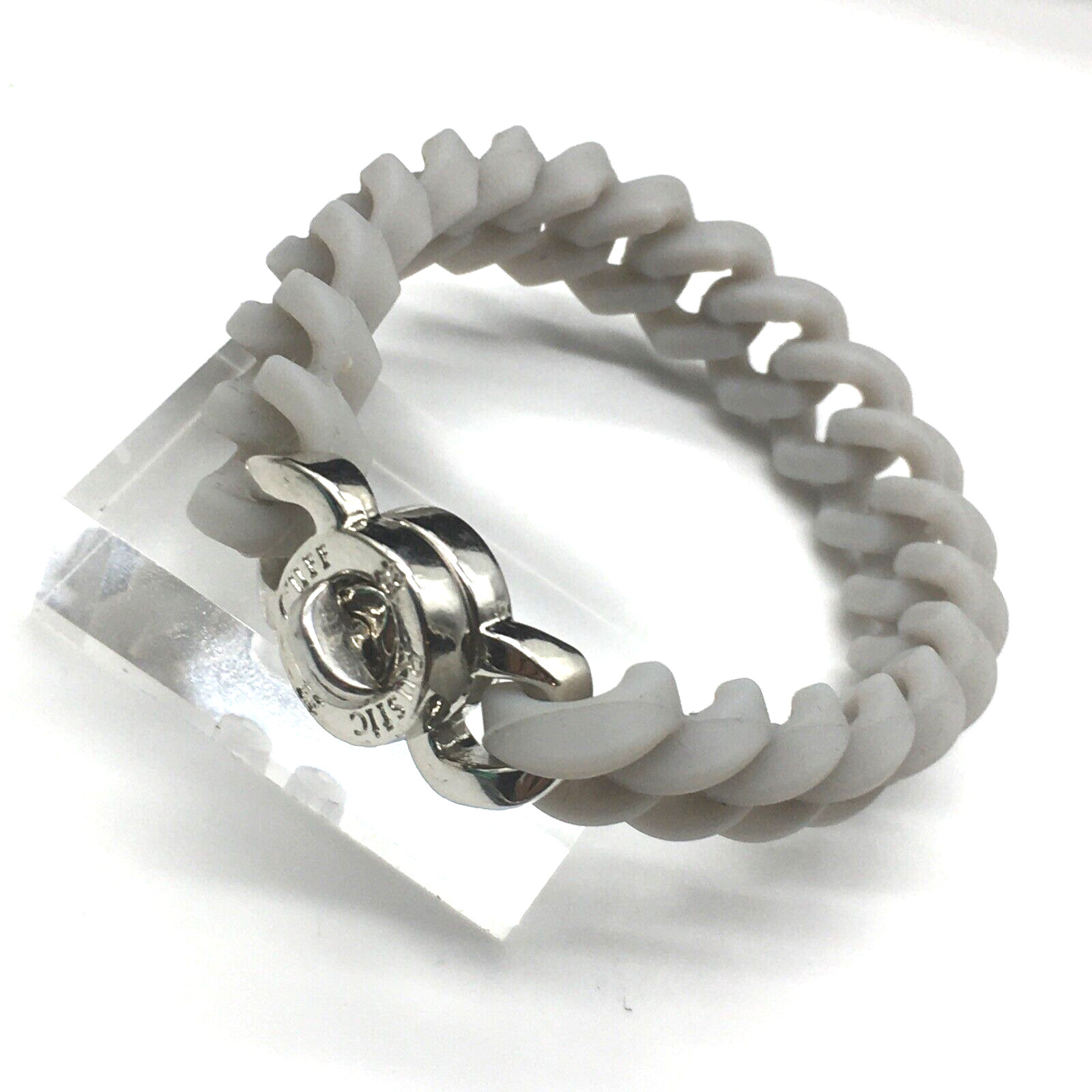 Rustic Cuff Gray Silver Tone Logo Turn Lock Silicone Stretch Chain Bracelet