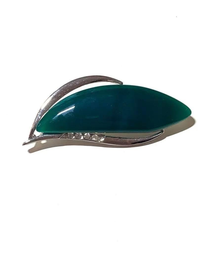 Vintage Green Agate Brooch Leaf Design Rhinestone 6.6cm