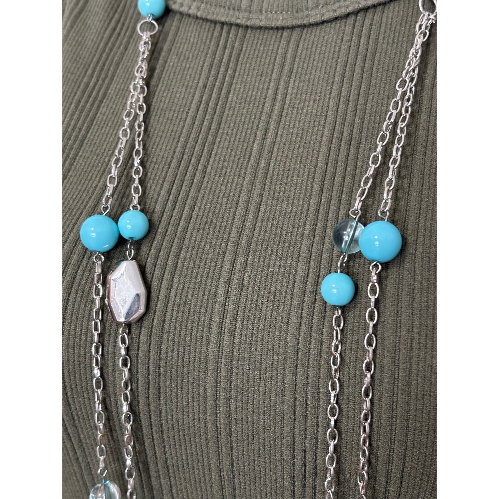 Women’s Silver Tone Chain Blue Beaded Layered Necklace BOHO Timeless Fairy Basic