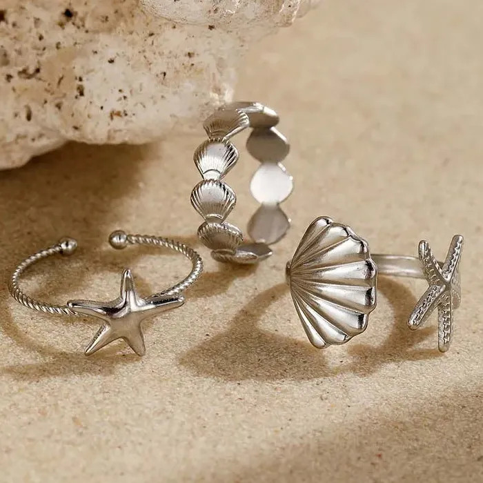 3Pcs Adjustable Stainless Steel Starfish Rings Set for Women Vintage Gold