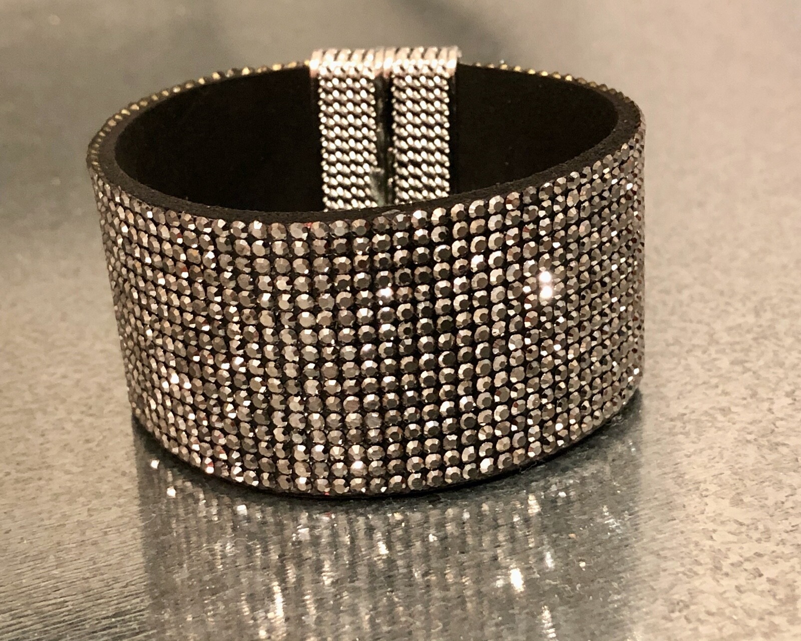 Suede Leather Gunmetal Black Bracelet made w/ Swarovski Crystal Magnetic Clasp
