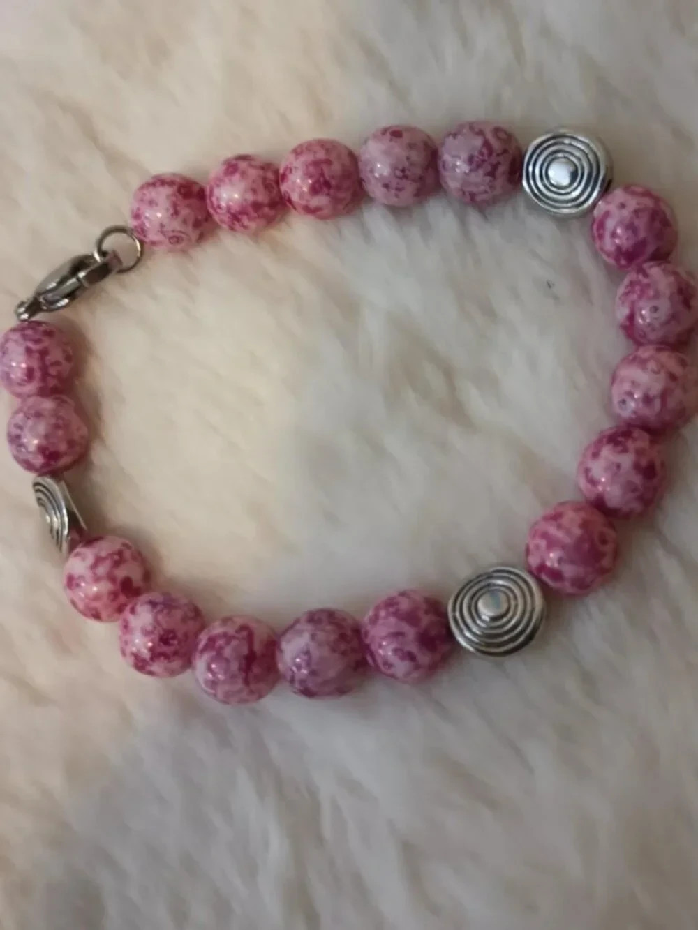 Czech Glass Pink Color Beaded Bracelet Stainless Steel Clasp Handmade 6.75inches