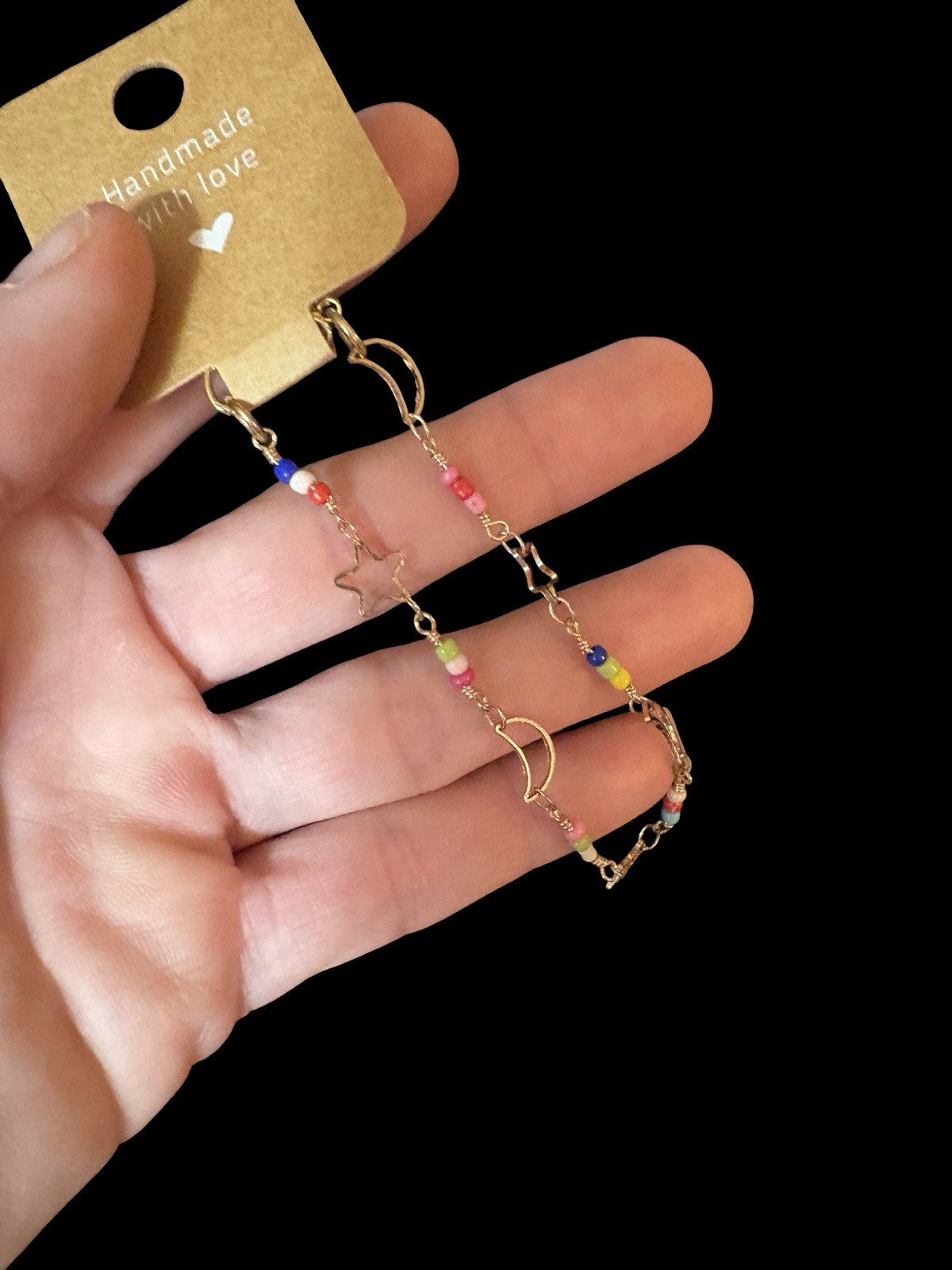 Moon And Star Gold Bracelet With Seed Beads | New | Adjustable
