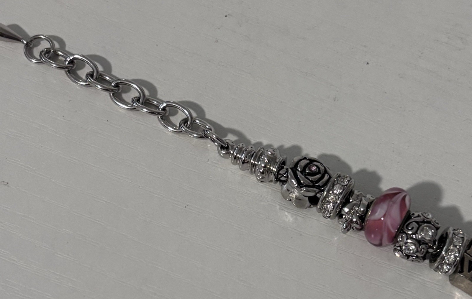 Bella Perlina Pink Beads Love Rhinestones Silver Adjustable Charm Bracelet