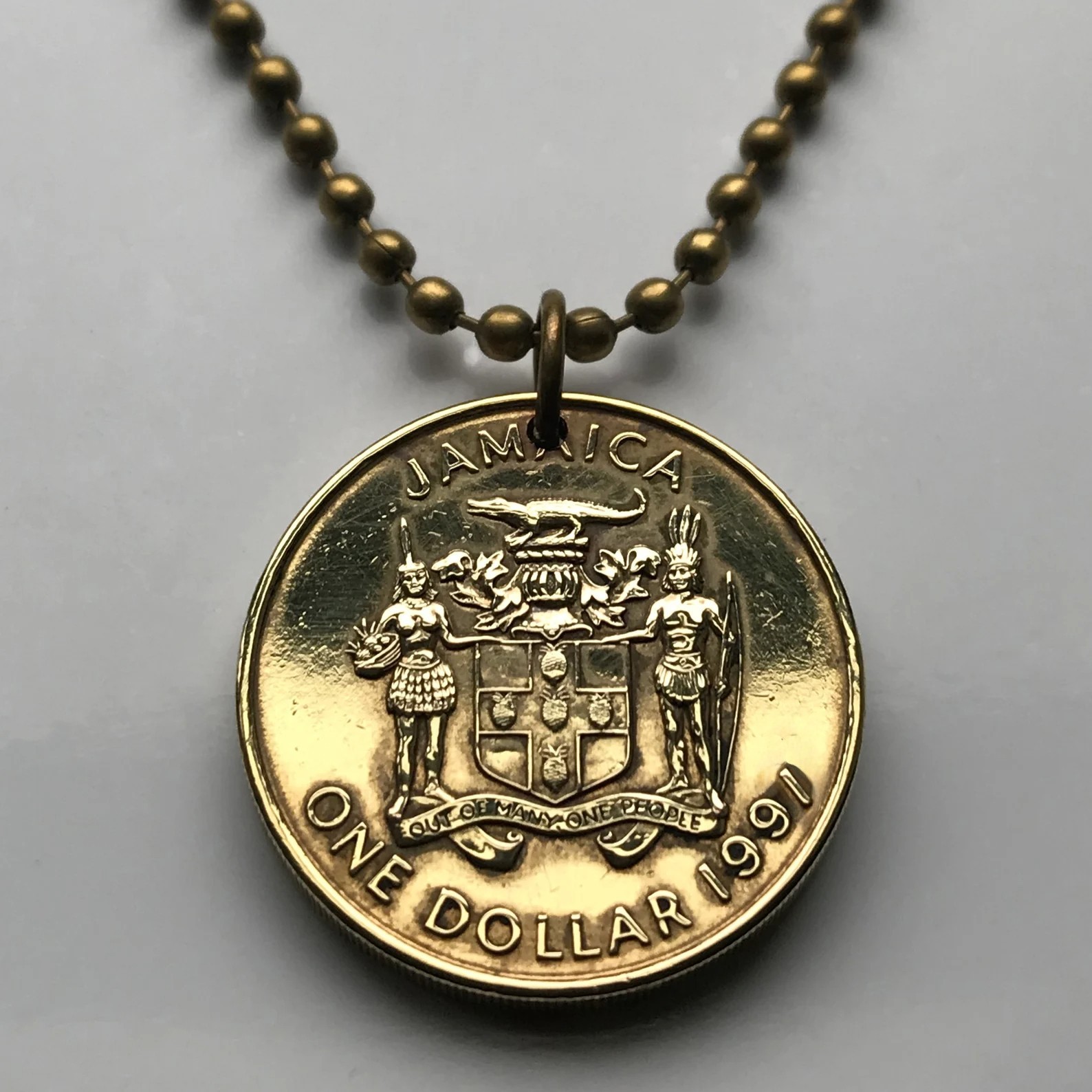 1991 Jamaica Dollar coin pendant crocodile pineapples Kingston Port Royal 002643