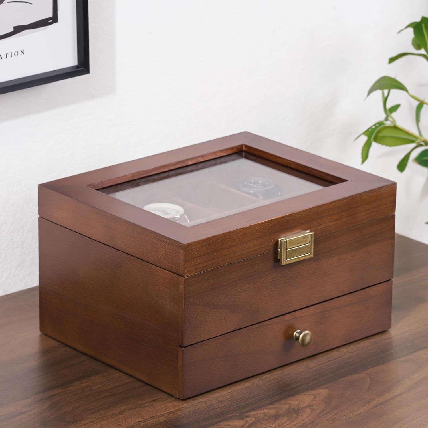 Wooden Watch Case for Men, 8 Slot Mens Watch Box with Drawer, 2-Layer Watch Disp