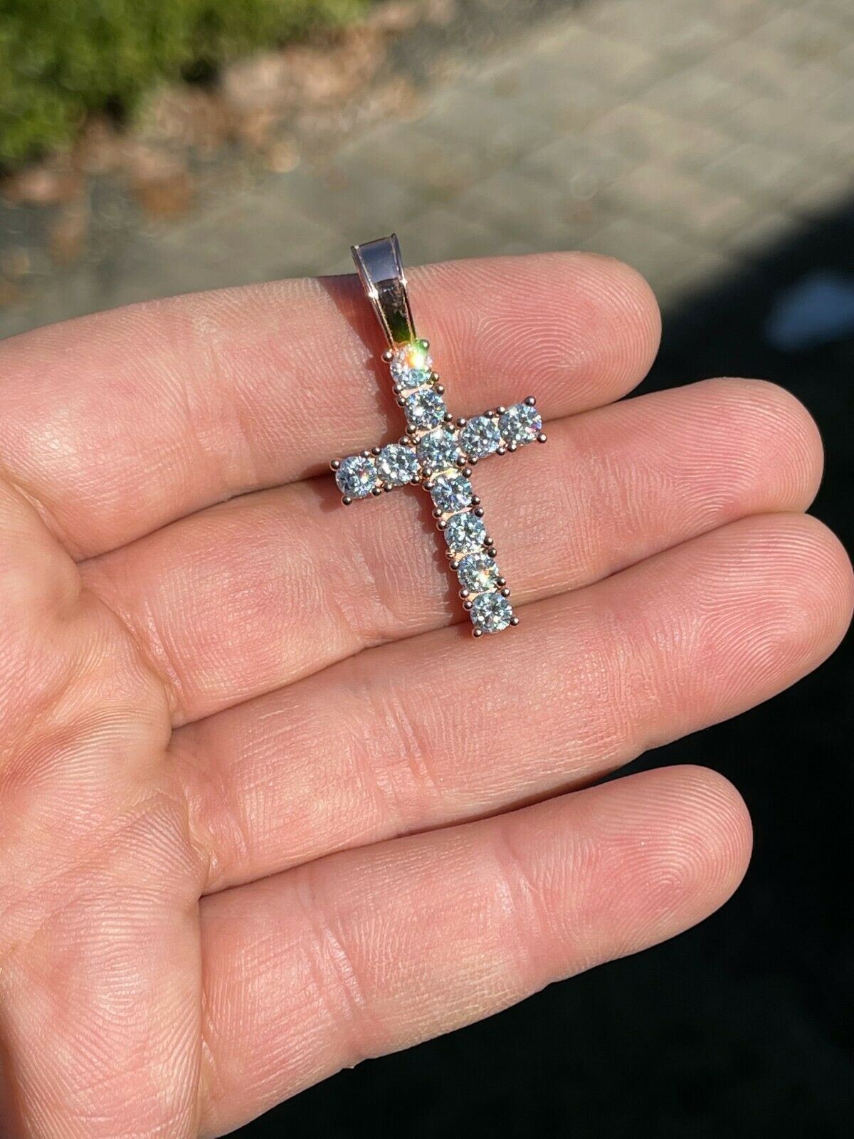 MOISSANITE 14k Rose Gold Cross & Real 925 Silver Iced Pendant Necklace Hip Hop
