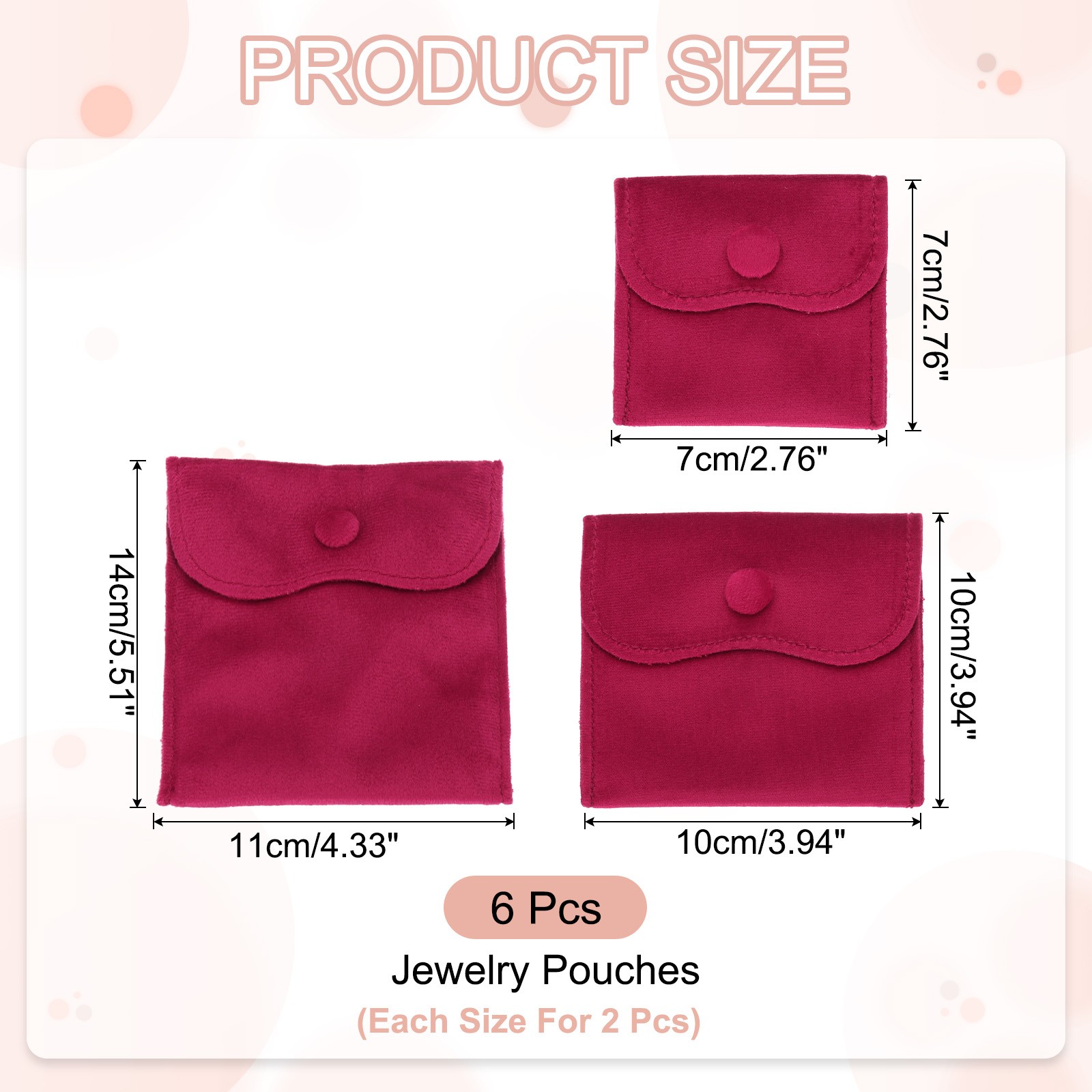 6Pcs Velvet Jewelry Pouches Gift Bag (3″x3″/4″x4″/4″x5″) Rose Red