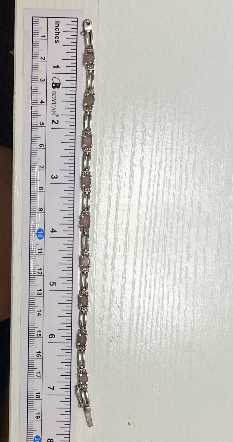 Silver-Tone Bar Link Bracelet 10 Oval Pink Stones Prong Set Lobster 7.1-7.5″