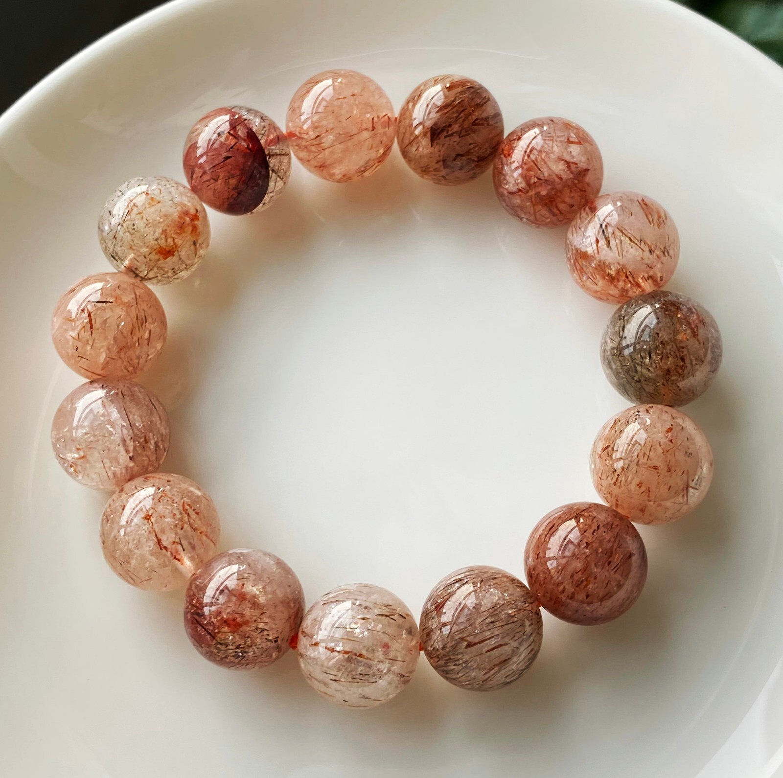 13.4mm Natural Red Gold Rutilated Quartz Crystal Beads Bracelet C758