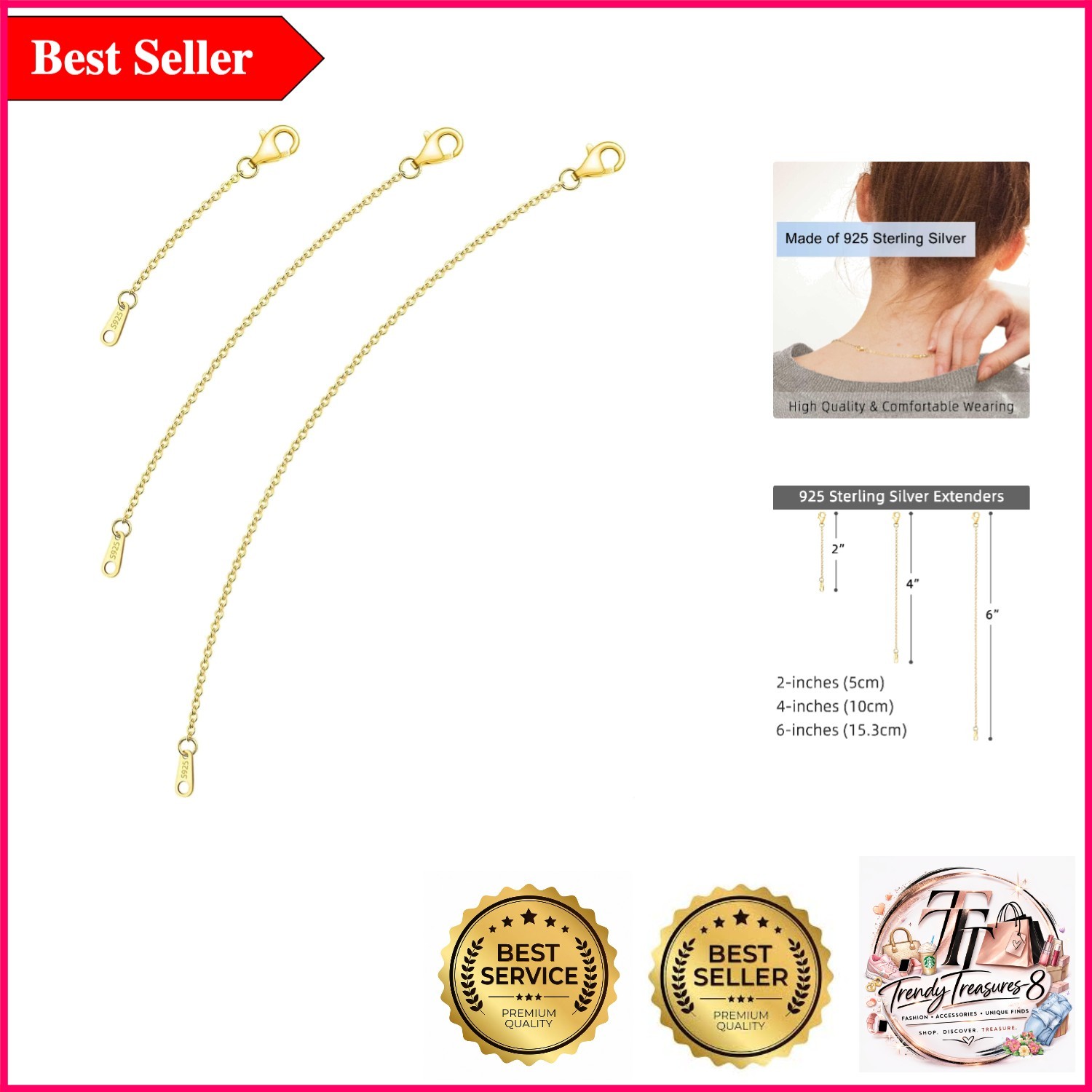 Luxury 925 Sterling Silver & Gold Necklace Extenders – 2, 4, 6 Inch Sets