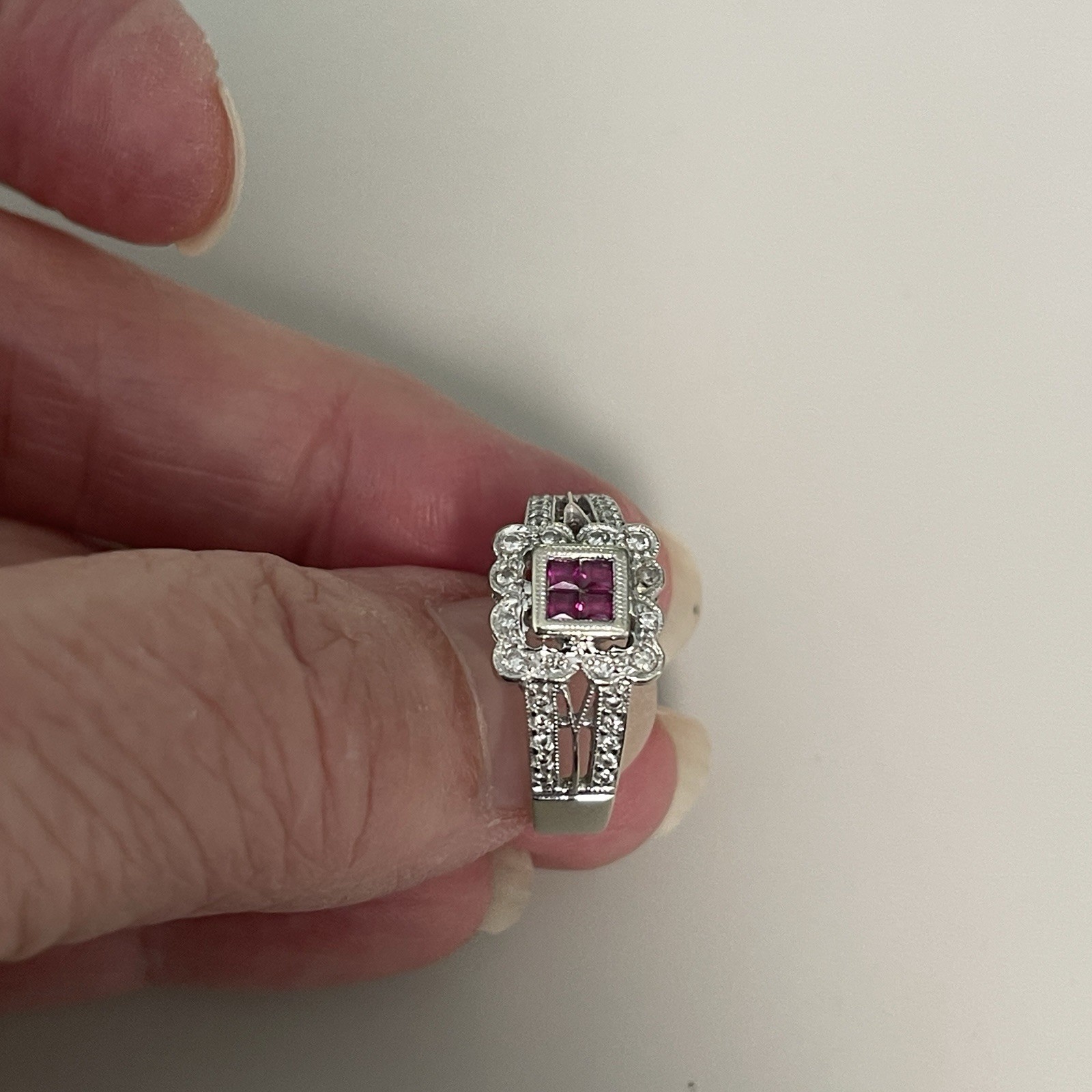 14k White Gold Natural Red Ruby Square Halo Ring w/ Diamond Accents Size 6