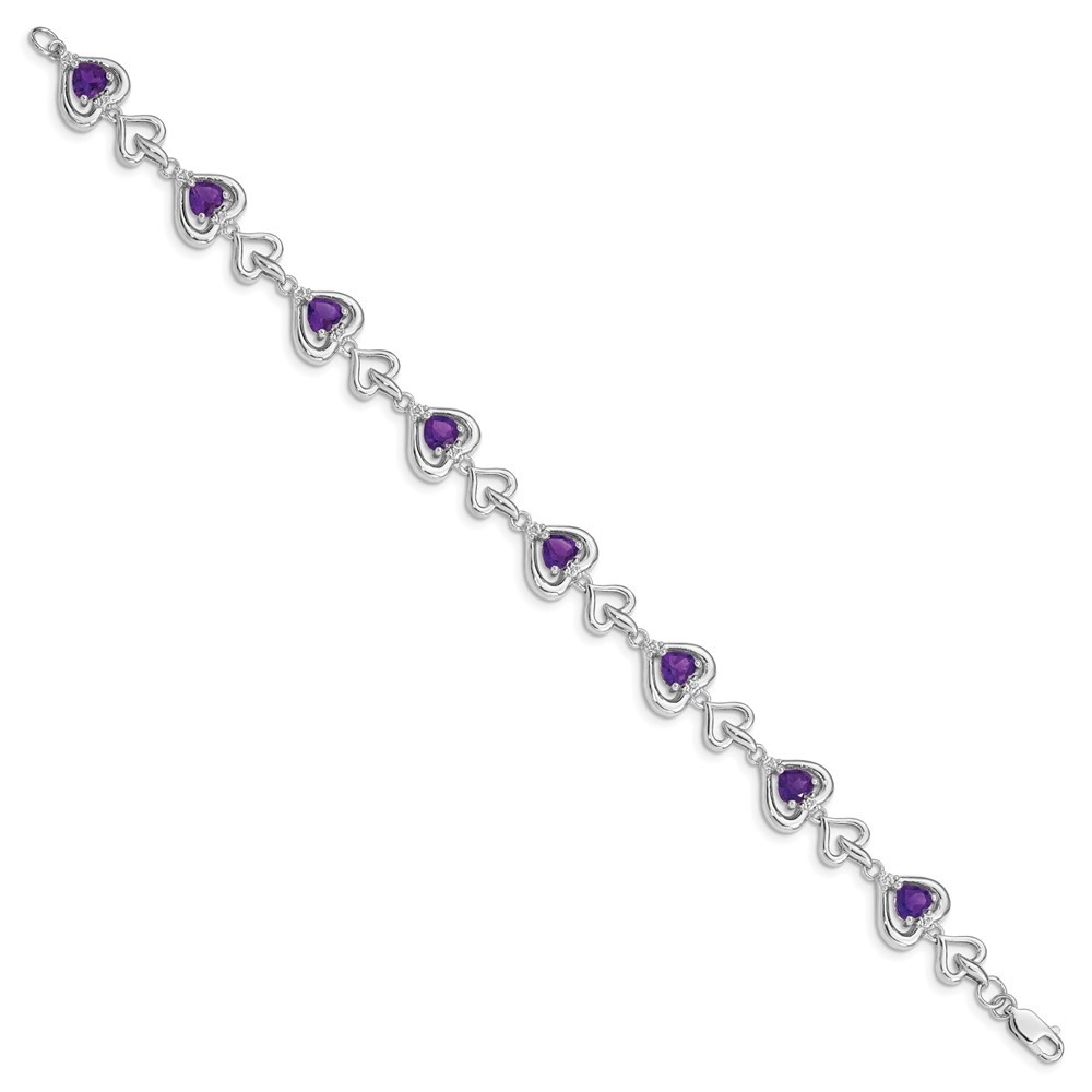Sterling Silver Rhodium-plated Diamond & Heart Link Amethyst Bracelet Womens