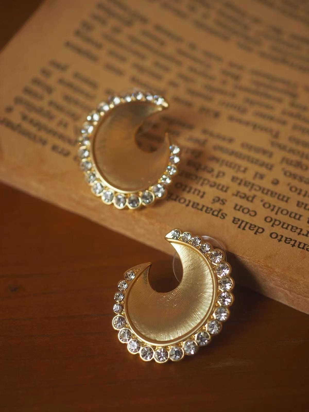 Gold Crystal Crescent Clip On Earrings Mid Century Statement Jewelry
