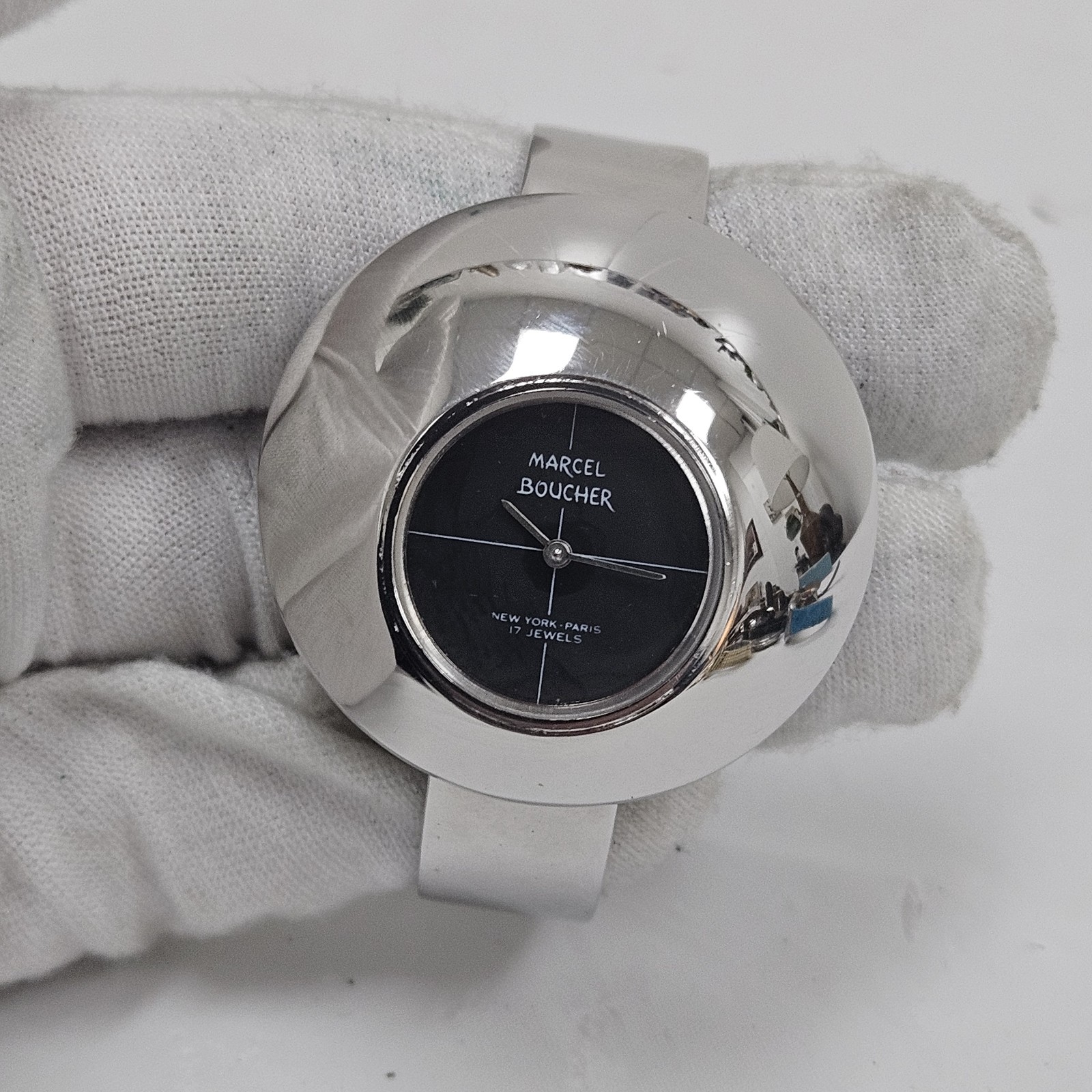MARCEL BOUCHER UFO Retro MCM Manual WIND-UP Ladies Watch Chrome Black Dial 17J