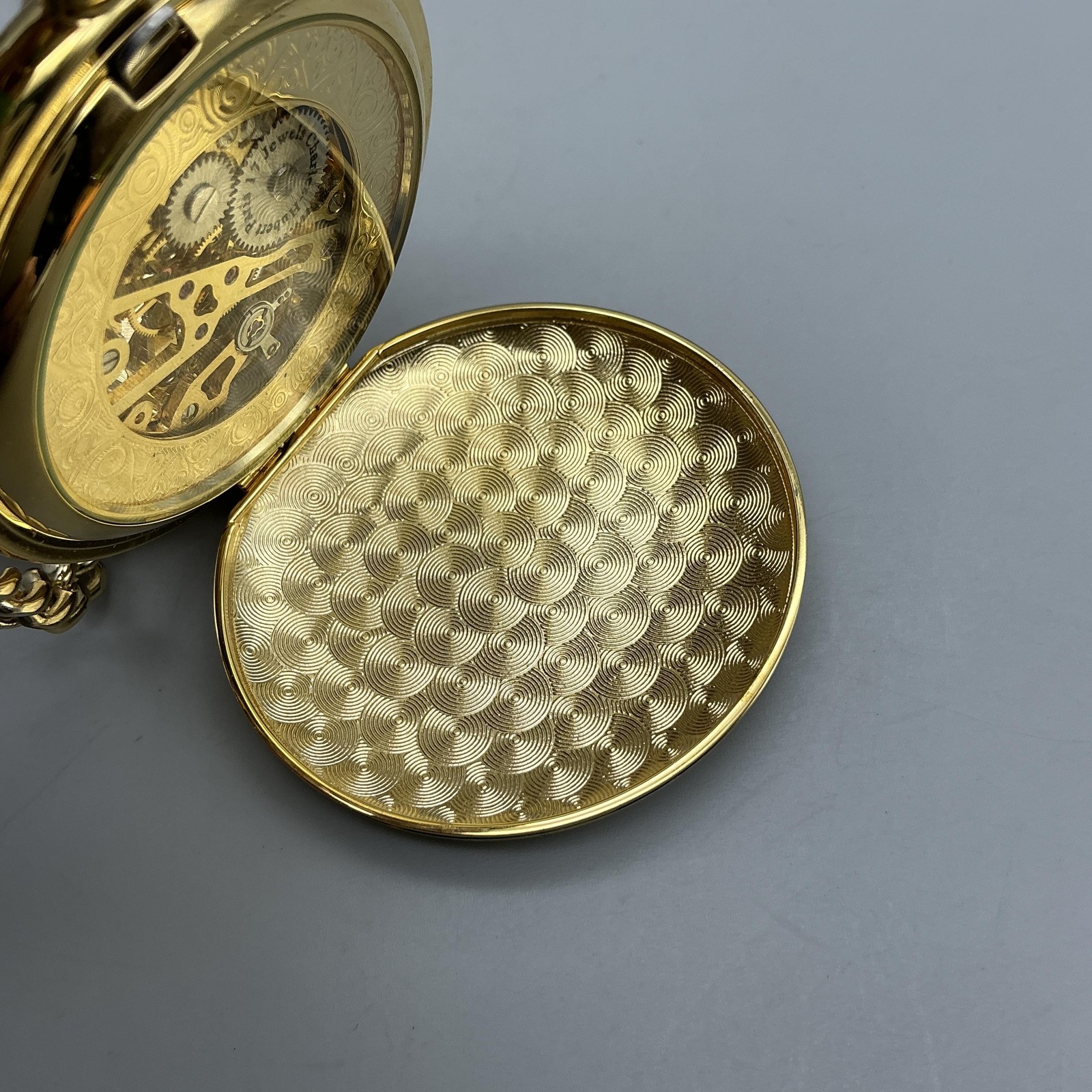 Charles-Hubert Pocket Watch Men 47mm Gold Tone Skeleton Hunter Manual Chain