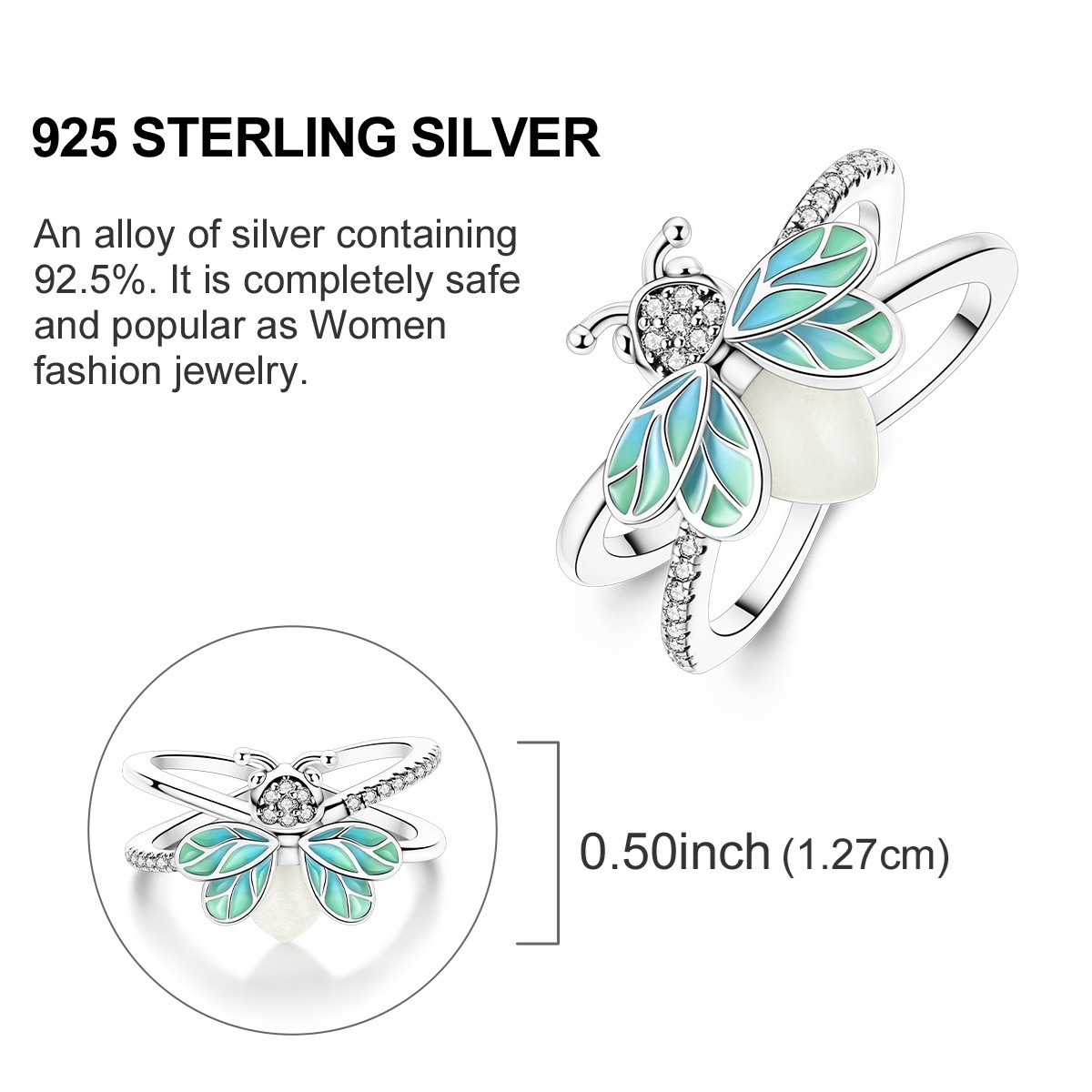 LAZA 925 Sterling Silver Finger Ring Summer Night Luminous Firefly Women Jewelry