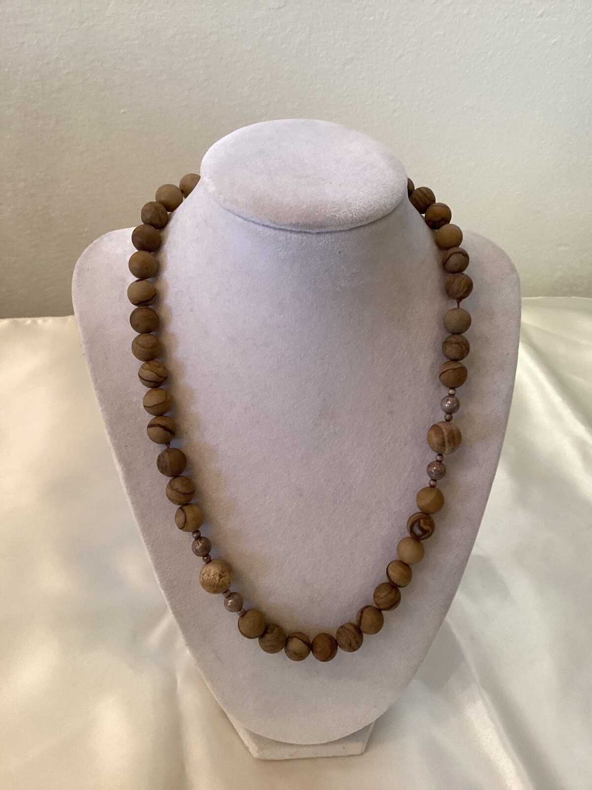 Wood Grain Jasper Beaded Necklace Sterling Silver Closure