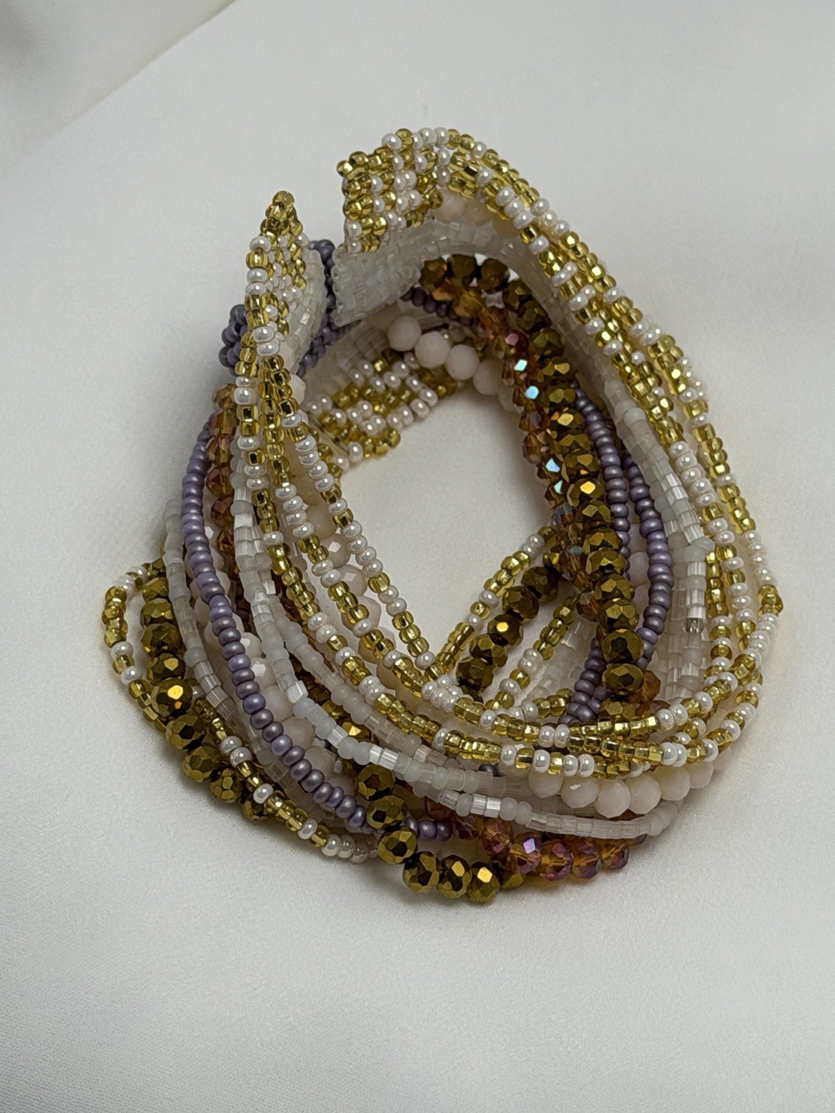 Multicolor Glass Beaded Wrap Bracelet Slide Closure Adjustable Gold/White/Purple