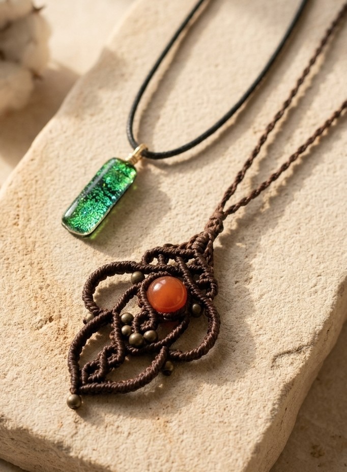 Set 2 Vintage Crochet Beaded Necklace & Green Resin Stone Pendant Necklace Boho