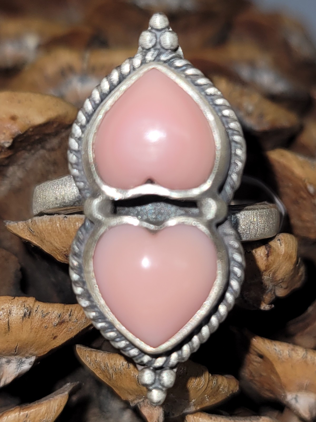 Pink conch double heart adjustable ring – SS 925 – handmade