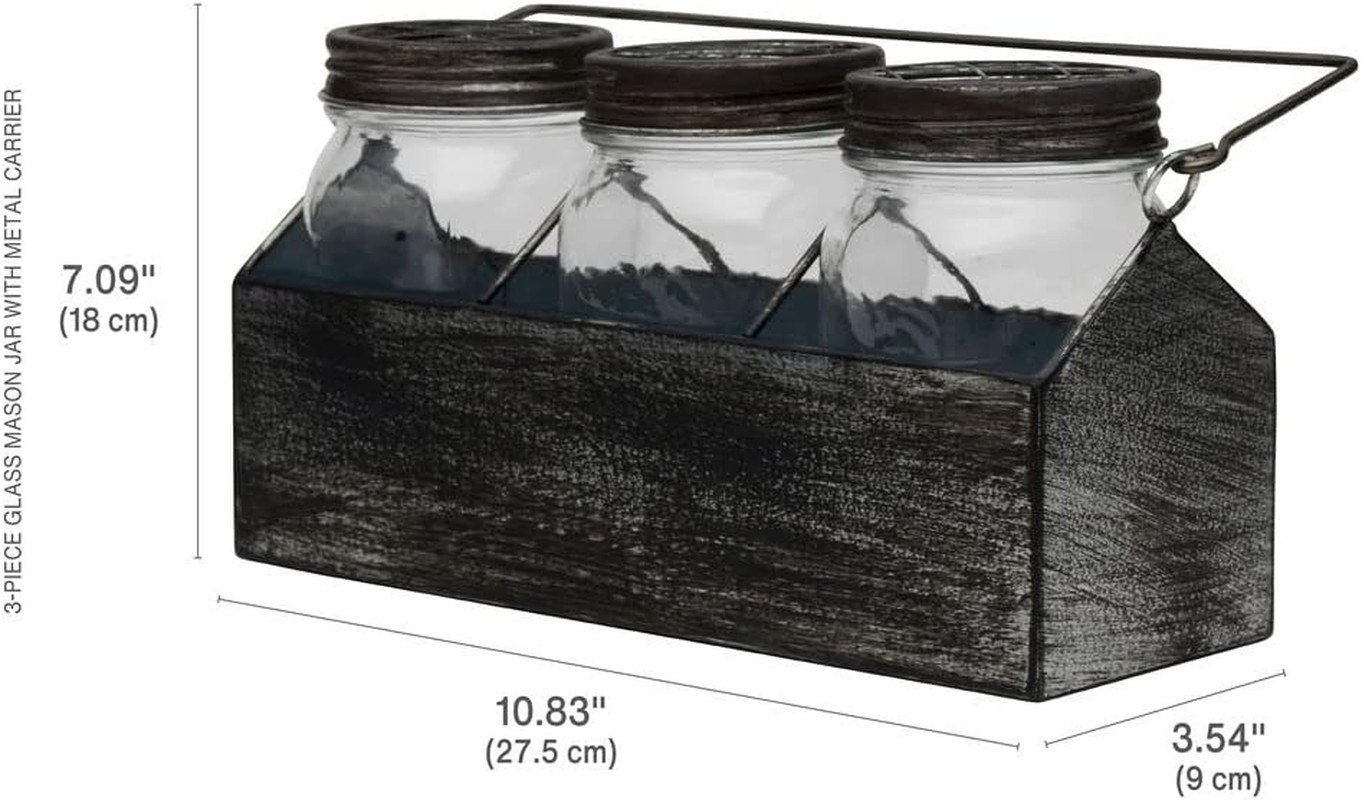 Three Glass Mason Jar in Metal Carrier Décor, Distressed Finish, 10.83X3.54X7.09