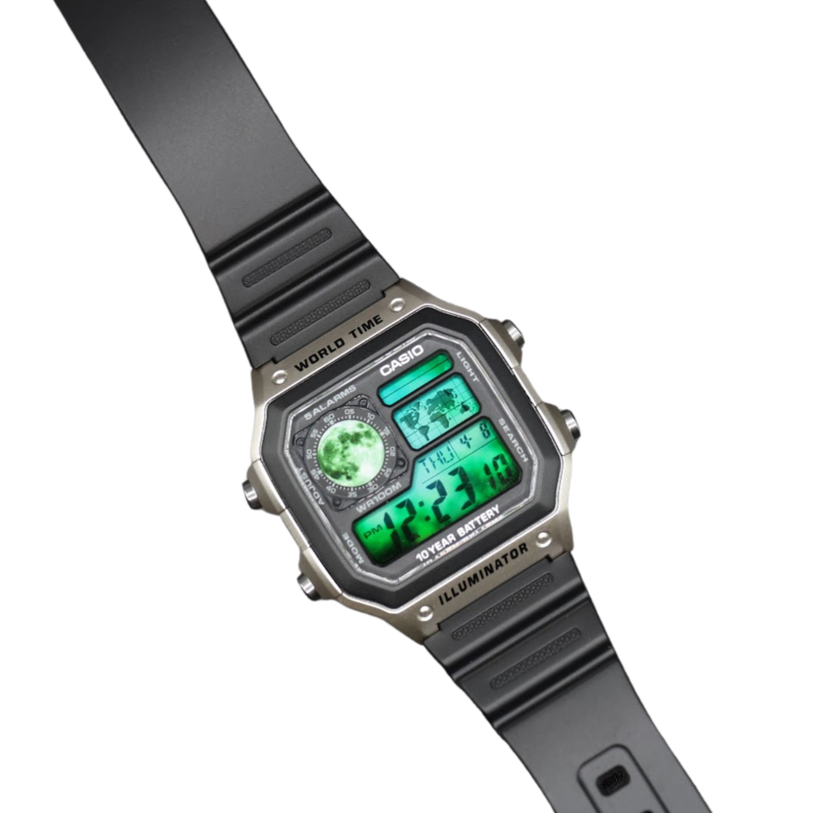 CASIO AE-1200WHD Royale World Time Watch Mod Lunar Green Display