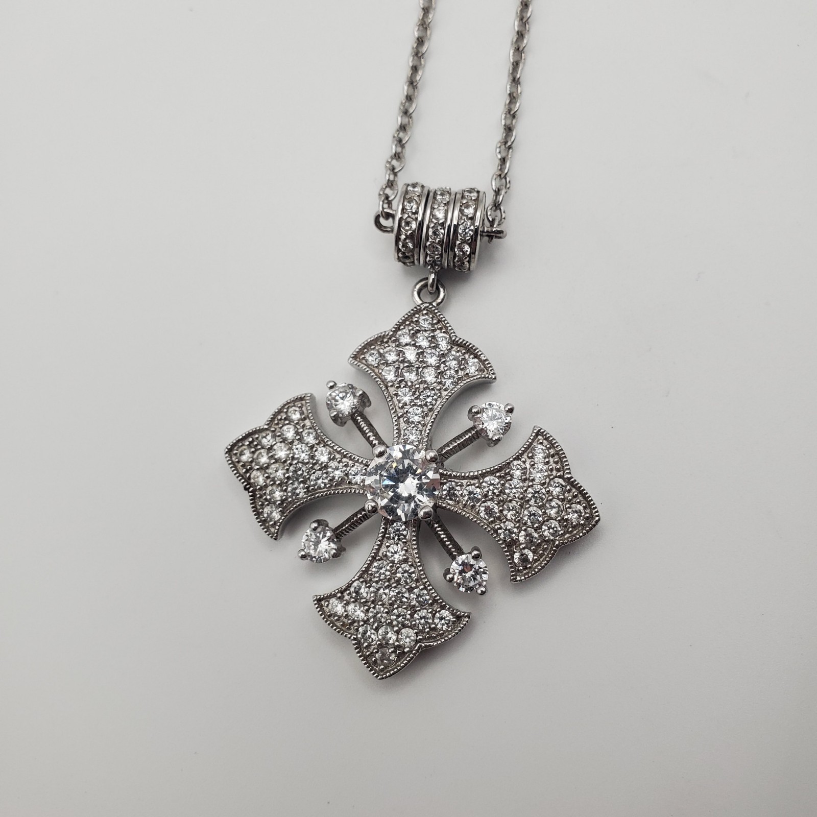 ESPO SIG SNAP Solid Sterling CZ Station Cable Chain 16″ with CZ Snap Cross
