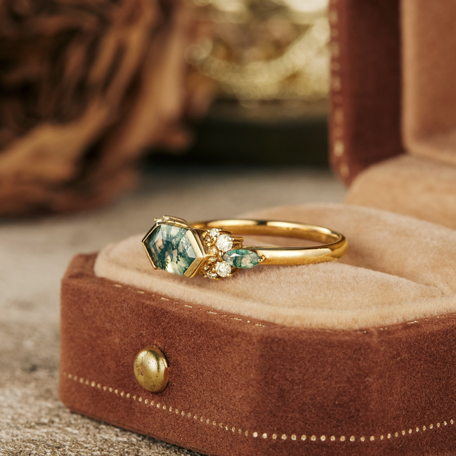 Hexagon Moss Agate Engagement Ring 925 Silver Gold Olated Ring Promise Gift Her