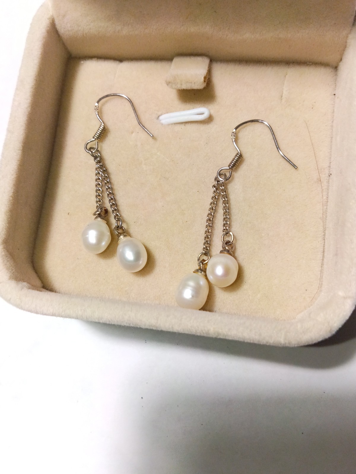 Round White Pearl Double Bead Dangle/Drop Earrings, Silver Metal, Hook