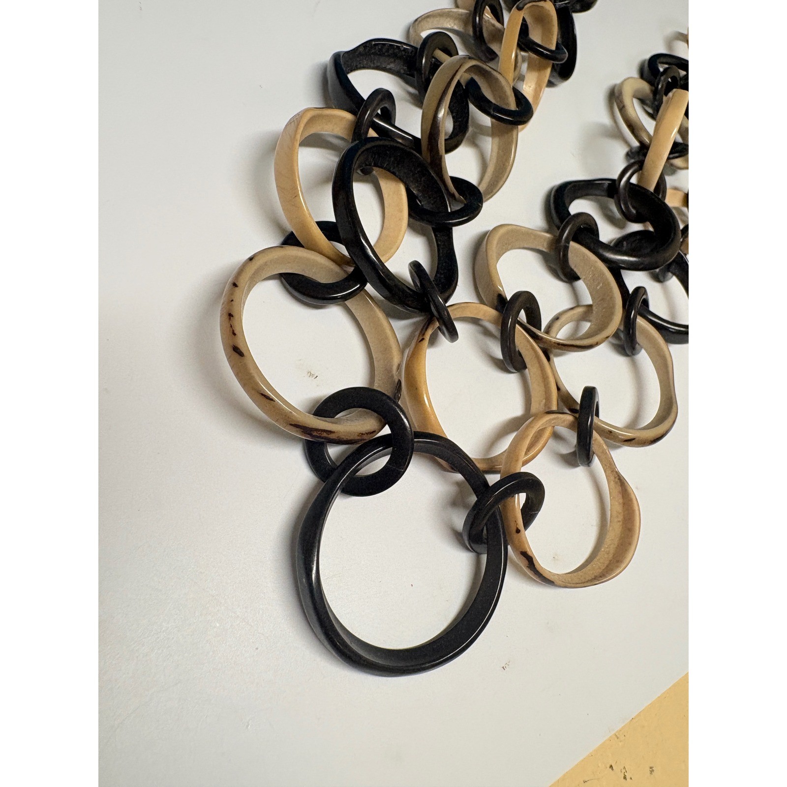 Vintage Style Black Cream Resin Link Statement Necklace Adjustable Cord