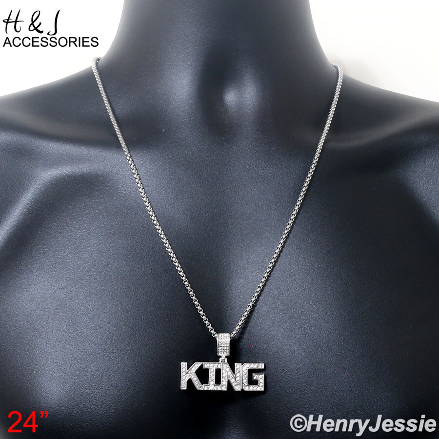 18″-36″MEN Stainless Steel 3mm Silver Box Chain ICY 3D King letter Pendant*AP148