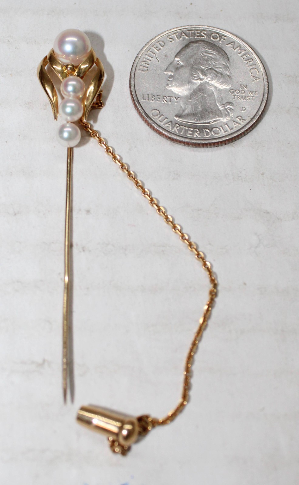 18K Gold & 4 Pinkish Pearls Stick Pin / Brooch 3.3 Grams 3 1/2″ Long