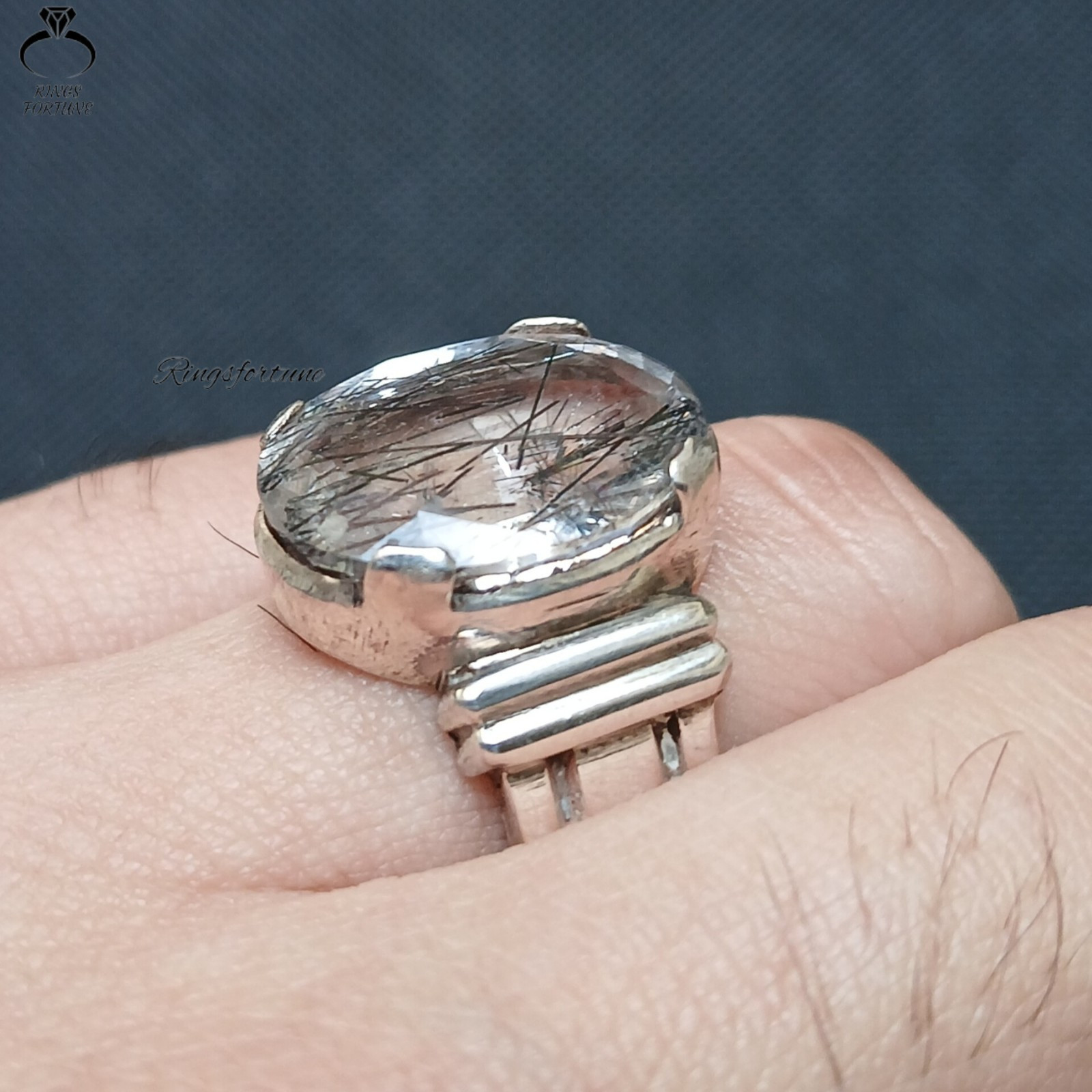 Authentic Black Rutile Moh e Najaf Quartz Silver Ring Spiritual Gift