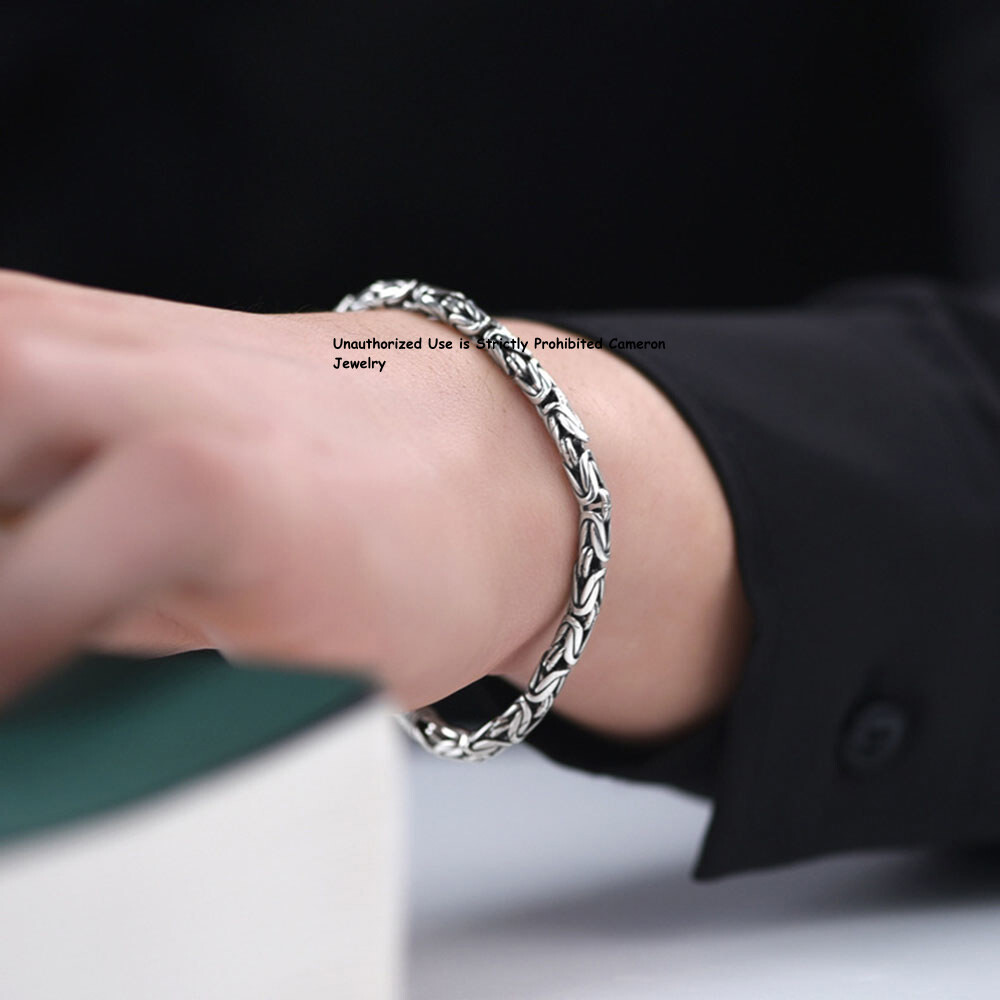 Pure S925 Sterling Silver Chain Men Women 4mm Byzantine Link Bracelet 6.7-8.7inL