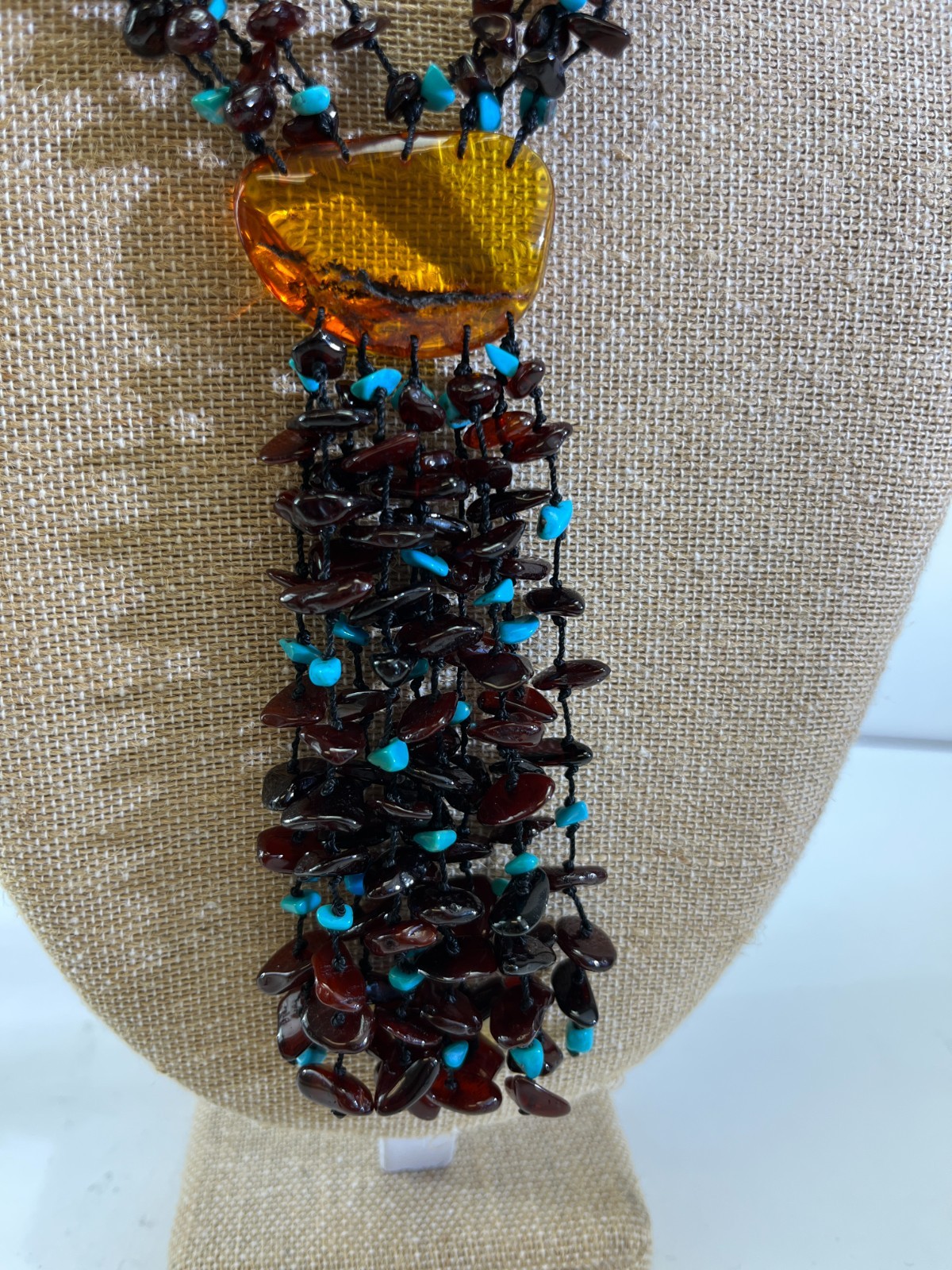 VTG Amber & Turquoise Nugget Chunky Beaded Stone Necklace 32″ Earrings Set DS51