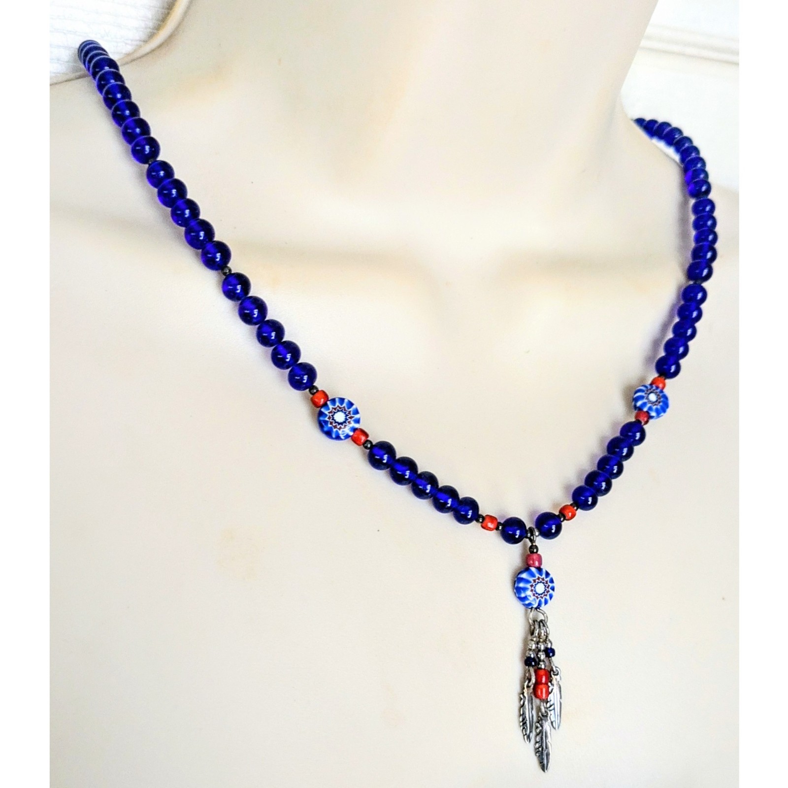 N.A. Style Sterling Silver Cobalt Blue Beaded Feather Pendant Necklace 23.5″