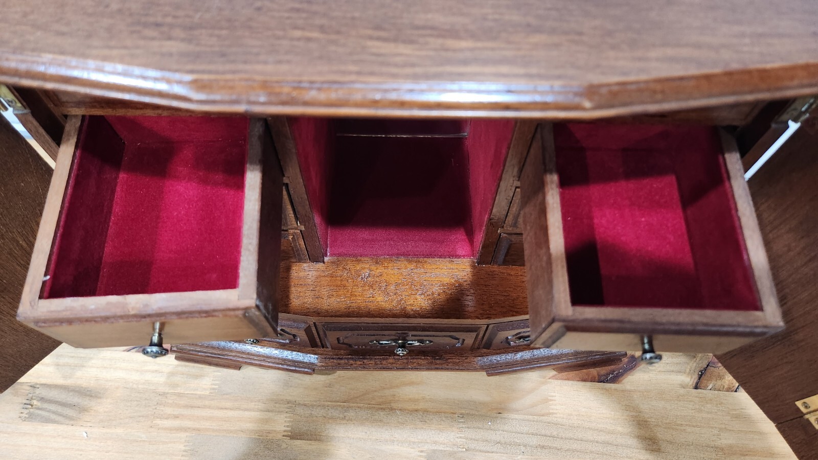 Wood Jewelry Box Table Top Velvet Lined Drawers 13″ X 14″ Vintage Taiwan